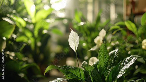 single white peace lily flower stands gracefully among lush green leaves, creating serene and tranquil atmosphere in sunlit indoor garden photo