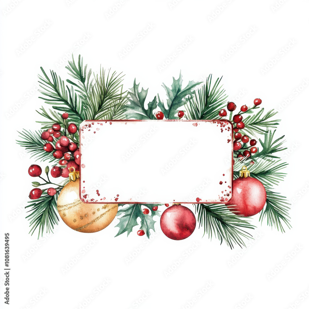 festive holiday frame featuring pine branches, red berries, and ornaments, perfect for seasonal greetings festive holiday frame featuring pine branches, red berries, and ornaments, perfect for seasonal greetings