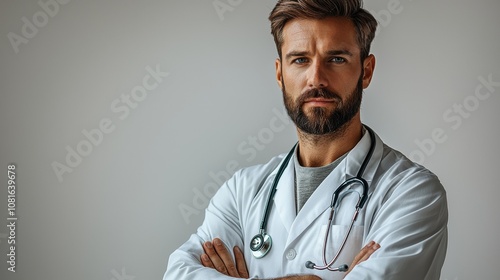 Confident Male Doctor in White Coat with Stethoscope Looking at Camera, Healthcare Professional Portrait for Medical and Wellness Use, Serious and Approachable Expression