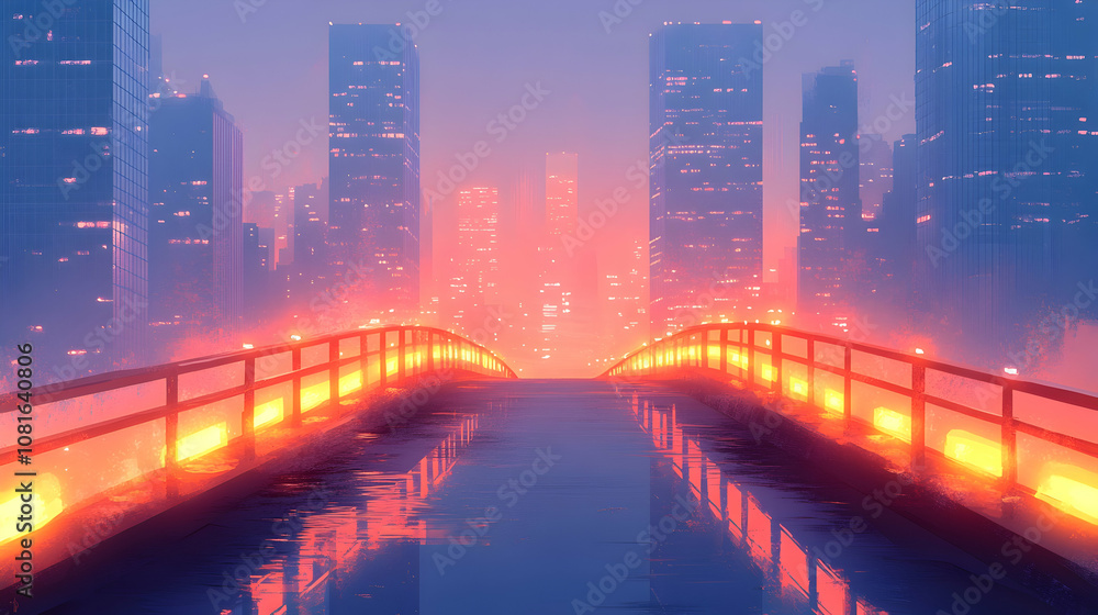A futuristic city skyline with a bridge leading towards the center. A futuristic city skyline with a bridge leading towards the center.