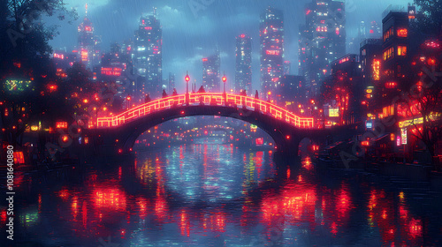 A futuristic city with a bridge over a river. The city is illuminated by red lights, creating a cyberpunk aesthetic.