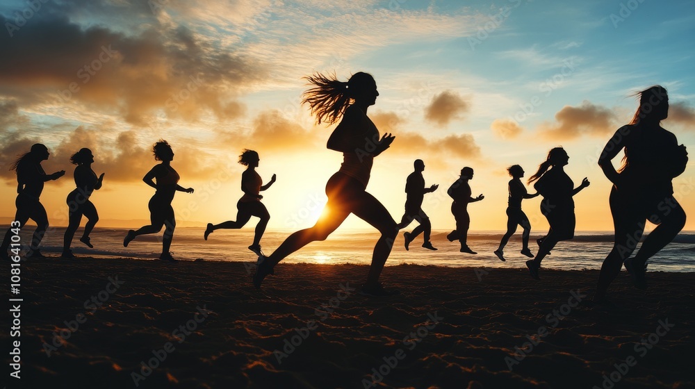 Fototapeta premium A beachside fitness bootcamp with participants in action, outdoor setting with sunrise backdrop, Invigorating style