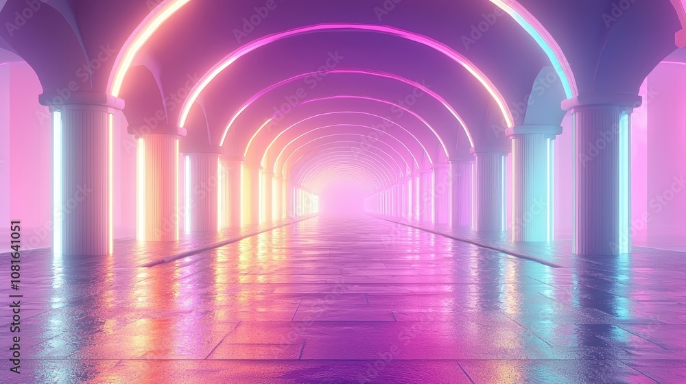 Neon arches and columns in a futuristic hallway. Neon arches and columns in a futuristic hallway.