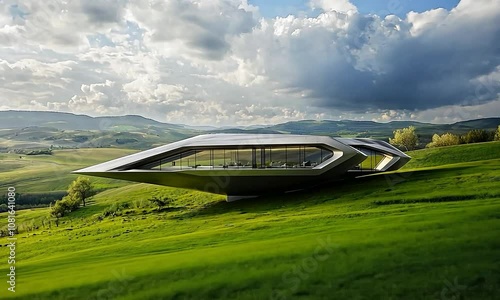 Wallpaper Mural Futuristic farmhouse on a high bluff, featuring sleek exterior and renewable energy systems, offering a picturesque view of rolling hills and lush pastures Torontodigital.ca