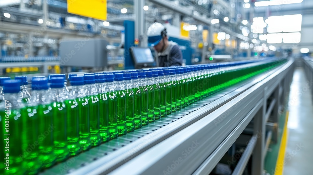 Green Plastic Bottles Moving on a Conveyor Belt in a Factory Green Plastic Bottles Moving on a Conveyor Belt in a Factory