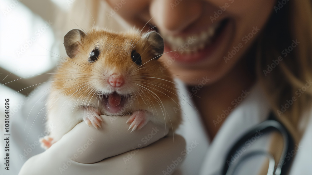 Veterinarian with nervous hamster showing teeth, close-up shot, soft lighting Veterinarian with nervous hamster showing teeth, close-up shot, soft lighting