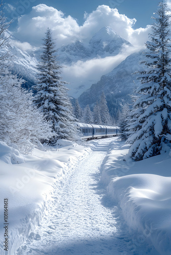 A snow-covered path winds through a wintery forest towards a mountain peak.