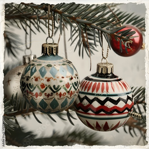 Vintage Christmas balls with intricate patterns hanging on a fir branch, festive nostalgic decoration, ideal for holiday cards and traditional seasonal themes
 photo