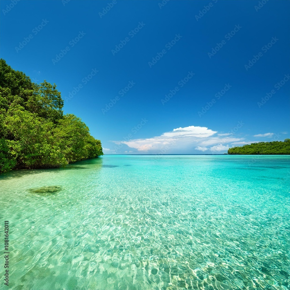 Fototapeta premium Tropical Coastal Lagoon With Calm Turquoise Waters, Surrounded by Mangroves and Sandy Shores, Under the Bright Midday Sun and Clear Blue Skies in a Remote Island Setting