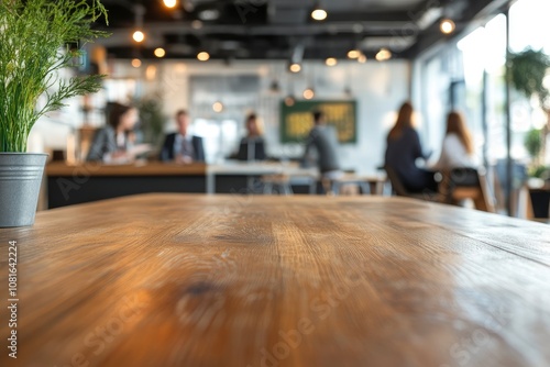 wood table and abstract Businessmen and women blur in work conference - generative ai