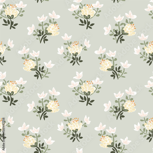 Tiny handful of flower bouquets placed in one direction. Yellow and white flowers with green leaves on print green background. A seamless vector pattern. Great for home decor, fabric, wallpaper, gifts
