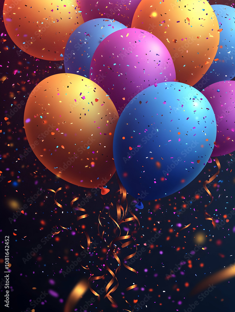 Colorful balloons with confetti and ribbons on a dark background. Colorful balloons with confetti and ribbons on a dark background.