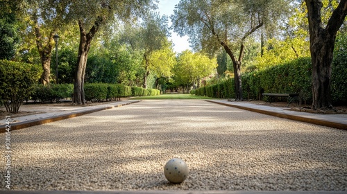 A bocce ball court with compacted gravel surface, outdoor setting in the late afternoon, Classic style photo