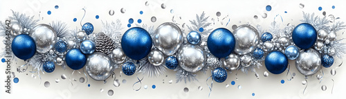 Festive Christmas garland with blue and silver ornaments, pine branches, and confetti.