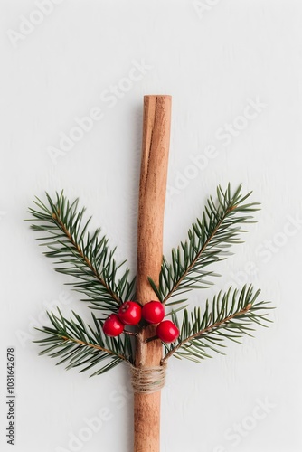 Cinnamon stick tied with pine branches and red berries on light background, natural holiday decoratio photo