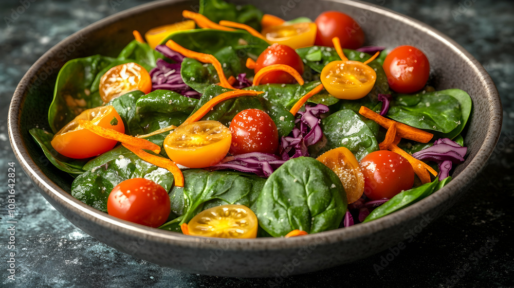 Fresh spinach salad with cherry tomatoes and carrots in a gray bowl. Fresh spinach salad with cherry tomatoes and carrots in a gray bowl.