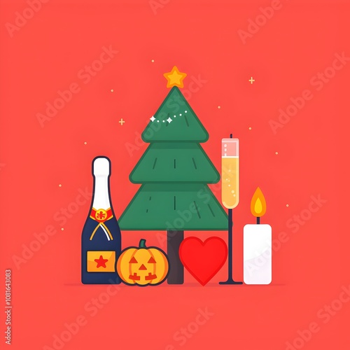 christmas icon composition with tree, candle, pumpkin, heart, and champagne bottle on red background, festive holiday illustration