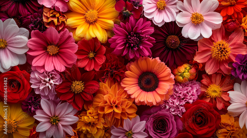 A vibrant arrangement of colorful flowers showcasing various species in a natural setting A vibrant arrangement of colorful flowers showcasing various species in a natural setting