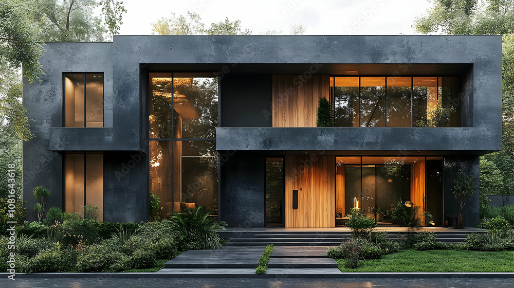 Modern, sleek, black house with large windows, wooden accents, and a stone walkway. Modern, sleek, black house with large windows, wooden accents, and a stone walkway.
