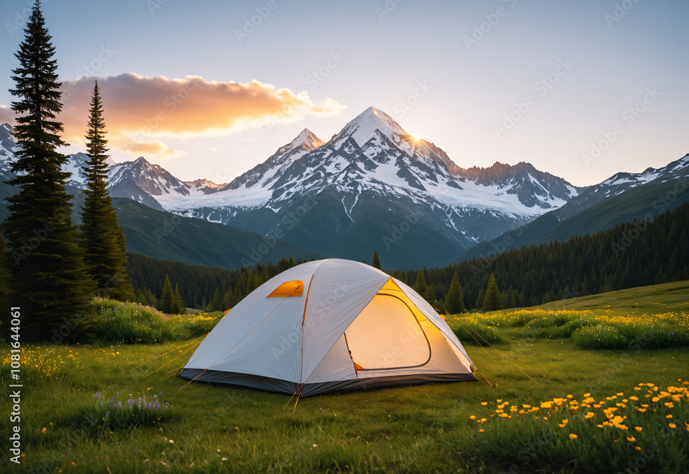 A clean white mockup of a spacious dome tent with a bright, sunny sky and majestic mountain peaks in the background. The tent is set up on a grassy meadow with wildflowers blooming around it. A clean white mockup of a spacious dome tent with a bright, sunny sky and majestic mountain peaks in the background. The tent is set up on a grassy meadow with wildflowers blooming around it.