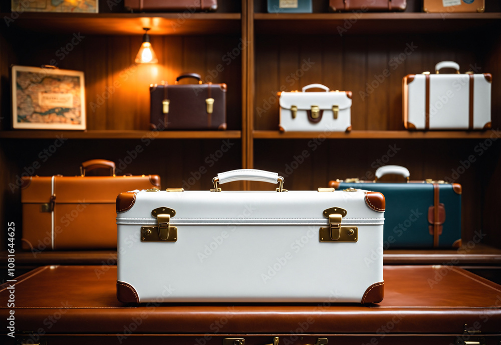 A clean white mockup of a classic, hard-shell suitcase in a rich, white leather, positioned on a wooden shelf in a vintage luggage shop. The background is a dimly lit shop with wooden shelves stacked A clean white mockup of a classic, hard-shell suitcase in a rich, white leather, positioned on a wooden shelf in a vintage luggage shop. The background is a dimly lit shop with wooden shelves stacked