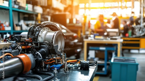 A workshop scene featuring an engine component in the foreground, with blurred figures working in the background, highlighting a busy mechanical environment.