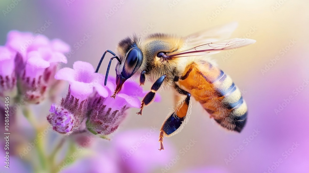 A honeybee in flight, collecting nectar from a pink flower. A honeybee in flight, collecting nectar from a pink flower.
