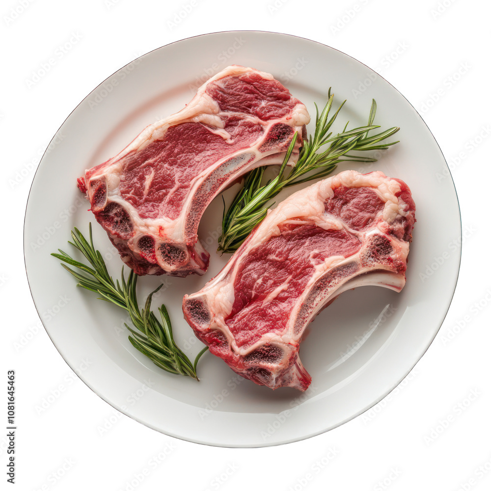 Fototapeta premium Raw lamb shoulder chops on white plate isolated on transparent background