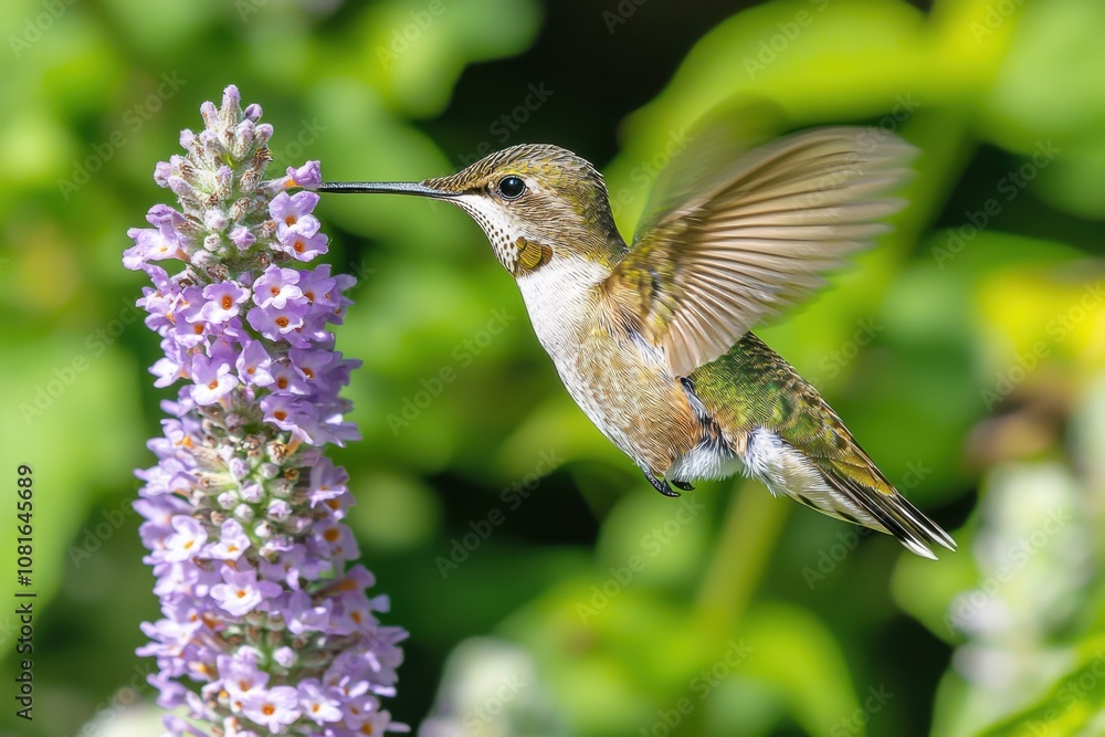 Fototapeta premium Hummingbird Feeding on Butterfly Bush Flowers in Garden