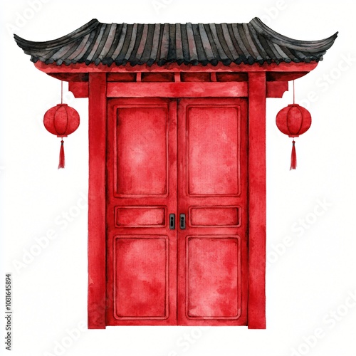 A vibrant red Chinese door with traditional architecture and decorative lanterns, symbolizing culture and elegance.