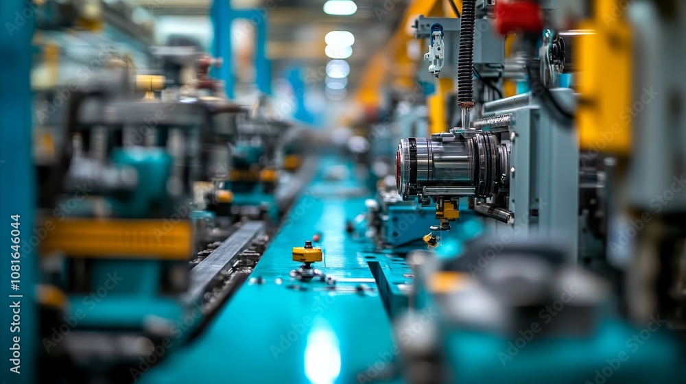 Close-up of an industrial metalworking machine with a blue conveyor belt Close-up of an industrial metalworking machine with a blue conveyor belt