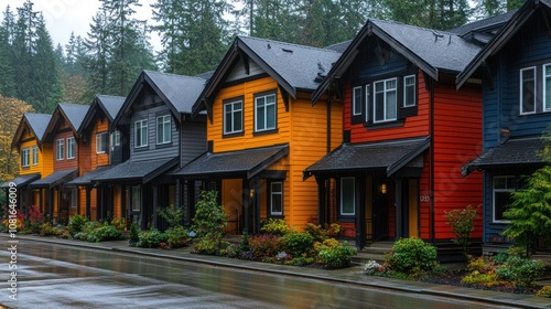 Colorful houses lined along a wet street in a forested area.