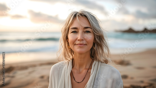 Portrait of a senior woman smiling on the beach. Smiling woman taking deep breath, healing and relaxation Concept