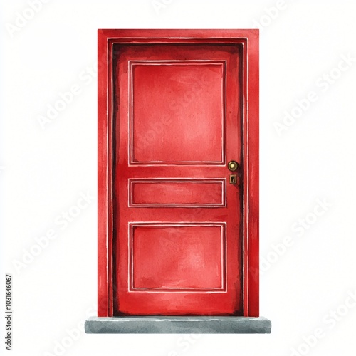 A vibrant red door stands prominently, symbolizing welcoming and new beginnings, adorned with a stylish knob, set against a clean white backdrop.
