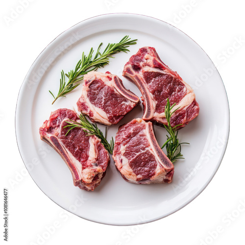 Raw lamb shoulder chops on white plate isolated on transparent background