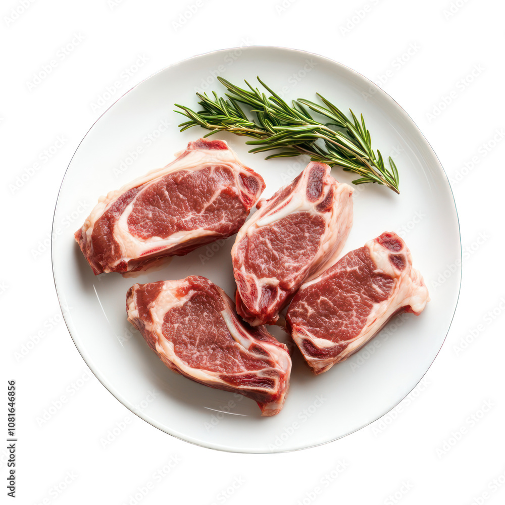 Raw lamb shoulder chops on white plate isolated on transparent background Raw lamb shoulder chops on white plate isolated on transparent background