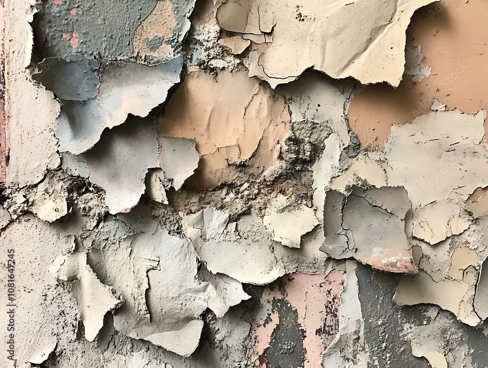 Close-up of peeling paint on a weathered wall, revealing layers of faded colors and textures. Close-up of peeling paint on a weathered wall, revealing layers of faded colors and textures.