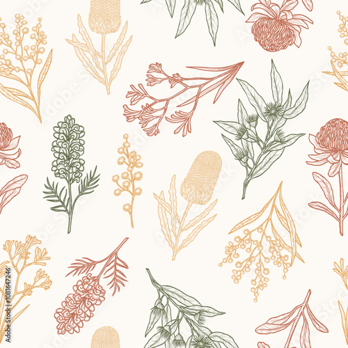 Hand drawn Australian flowers and plants background. Sketch illustration