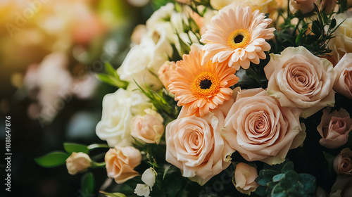 Beautiful arrangement of pastel roses and cheerful gerbera daisies in a serene garden setting