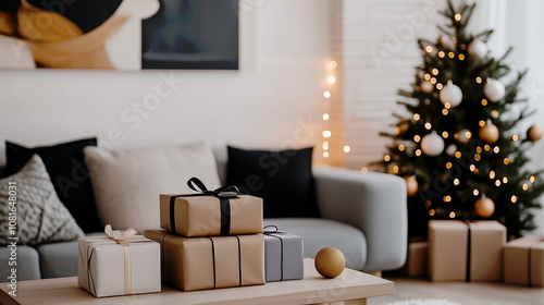 Wallpaper Mural A living room interior scene full of Christmas atmosphere with soft lights, a Christmas tree, a table with gift boxes, and a sofa. Torontodigital.ca