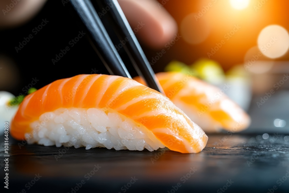 A close up of a piece of sushi with chopsticks A close up of a piece of sushi with chopsticks