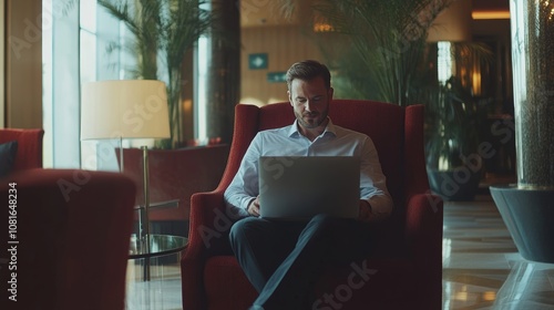 Businessman working remotely in hotel lobby during business trip with laptop and online connections