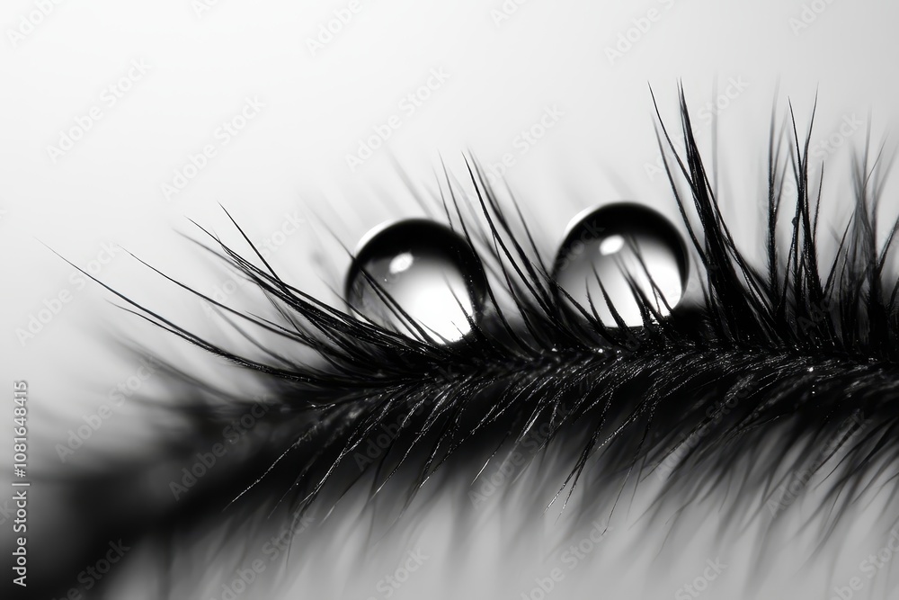 Obraz premium A close up of a black and white photo of water droplets on a feather