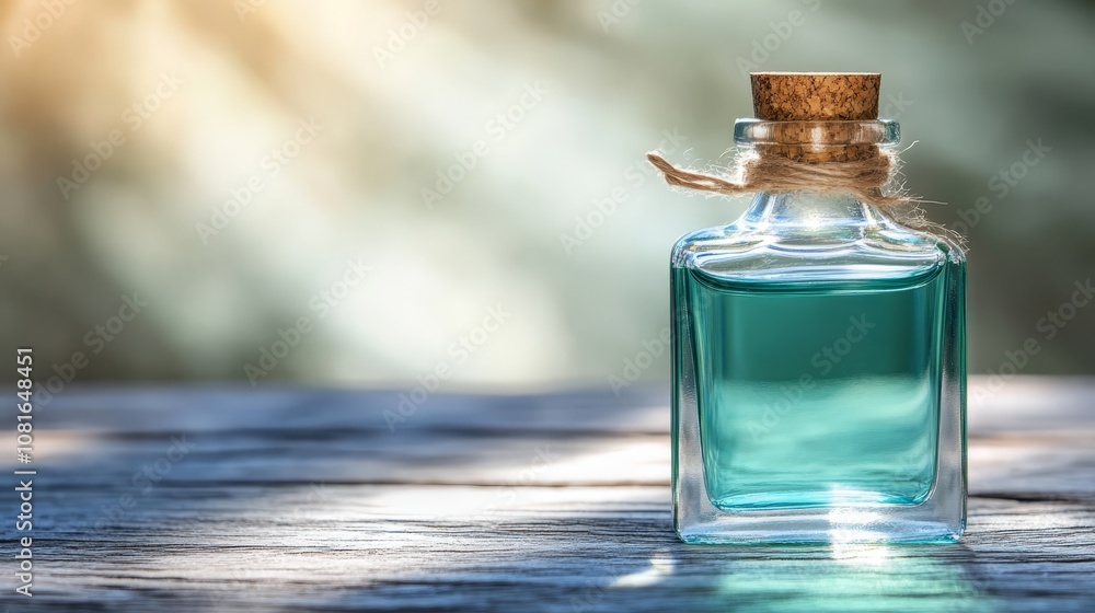 A bottle of blue liquid sitting on top of a wooden table A bottle of blue liquid sitting on top of a wooden table