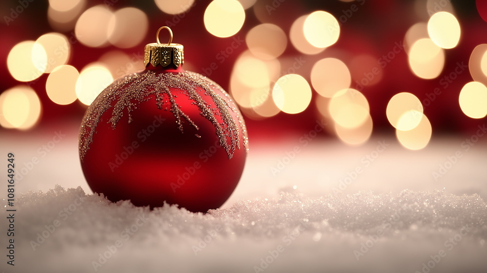 Close-up of a one red Christmas ball on snow. Background with blurred lights. Copy space. Bokeh. Winter, Christmas, Season, Background. Close-up of a one red Christmas ball on snow. Background with blurred lights. Copy space. Bokeh. Winter, Christmas, Season, Background.
