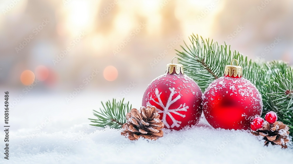 Close-up of two red Christmas balls, pine needles, and pine cones on a snowy winter background. Winter, season, Christmas, New Year background. Copy space. Close-up of two red Christmas balls, pine needles, and pine cones on a snowy winter background. Winter, season, Christmas, New Year background. Copy space.
