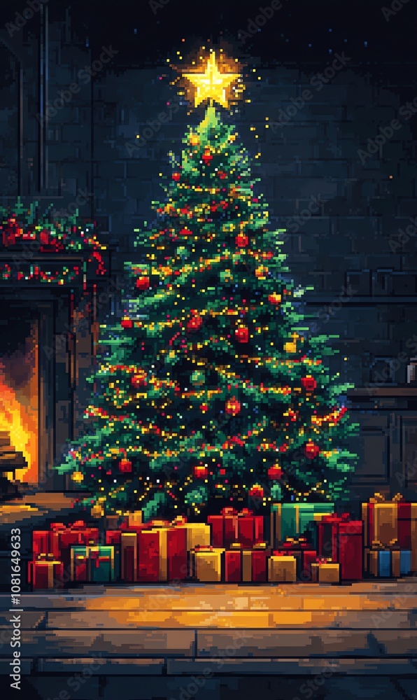 Fototapeta premium cozy and inviting Christmas living room featuring a beautifully decorated Christmas tree, a warm fireplace, and presents wrapped in festive paper