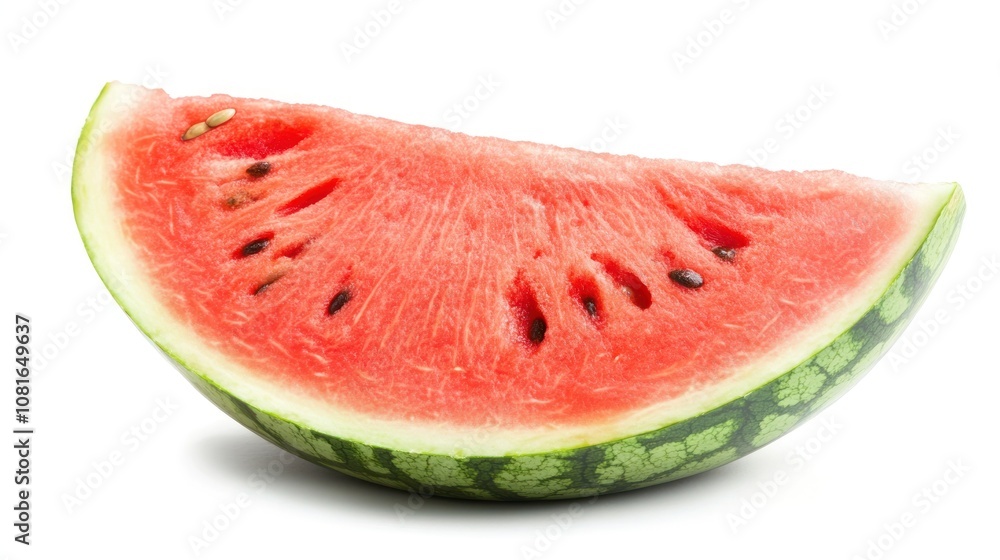 A single slice of fresh watermelon with black seeds isolated on white background. A single slice of fresh watermelon with black seeds isolated on white background.