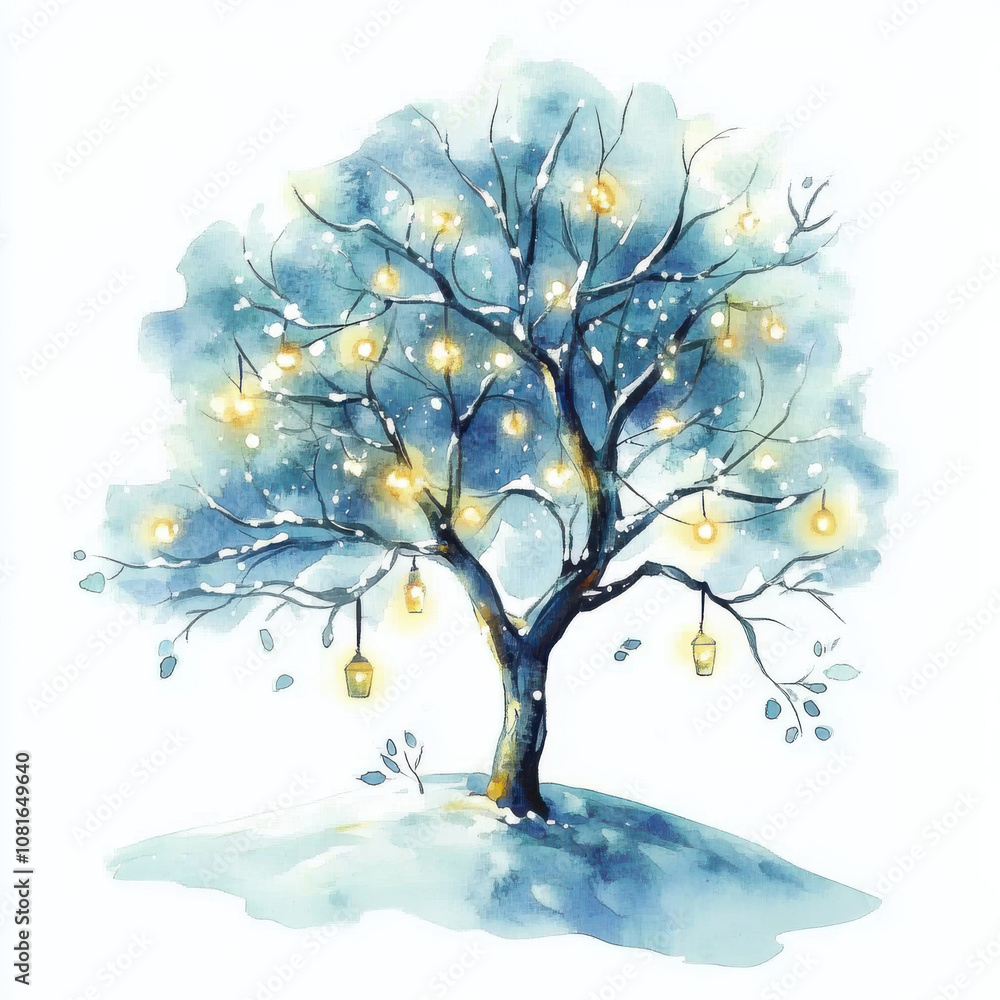 beautiful winter tree adorned with glowing lanterns and snowflakes, creating serene and magical atmosphere beautiful winter tree adorned with glowing lanterns and snowflakes, creating serene and magical atmosphere