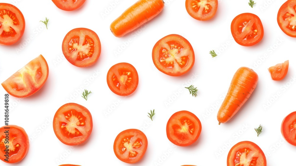 Fototapeta premium A pattern of sliced tomatoes and carrots arranged on a white background.